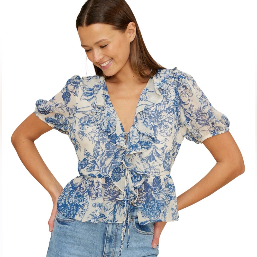 Lucy Paris Blue and White Puff Sleeve Blouse with Ruffled Peplum